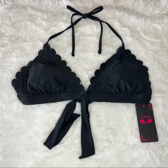 NEW Shekini Black Scalloped Edge Trim Halter Bikini Top Size L - Picture 2 of 8